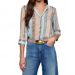 NEW FRAME camille 3/4 sleeve blouse in taupe/ lt sage belt stripe
